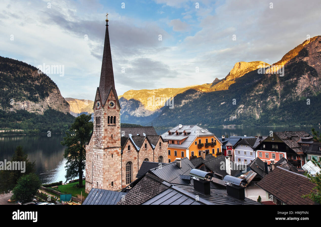 Scenic panoramic view of the famous mountain village in the Austrian Alps. Hallstatt Austria Stock Photo