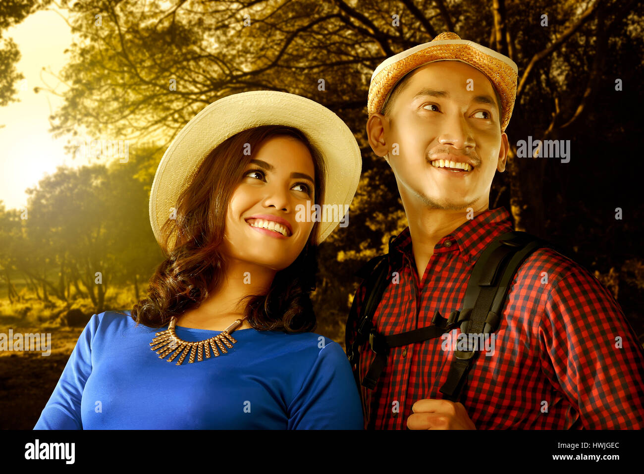 Asian couple have vacation together, hiking on the woods Stock Photo ...