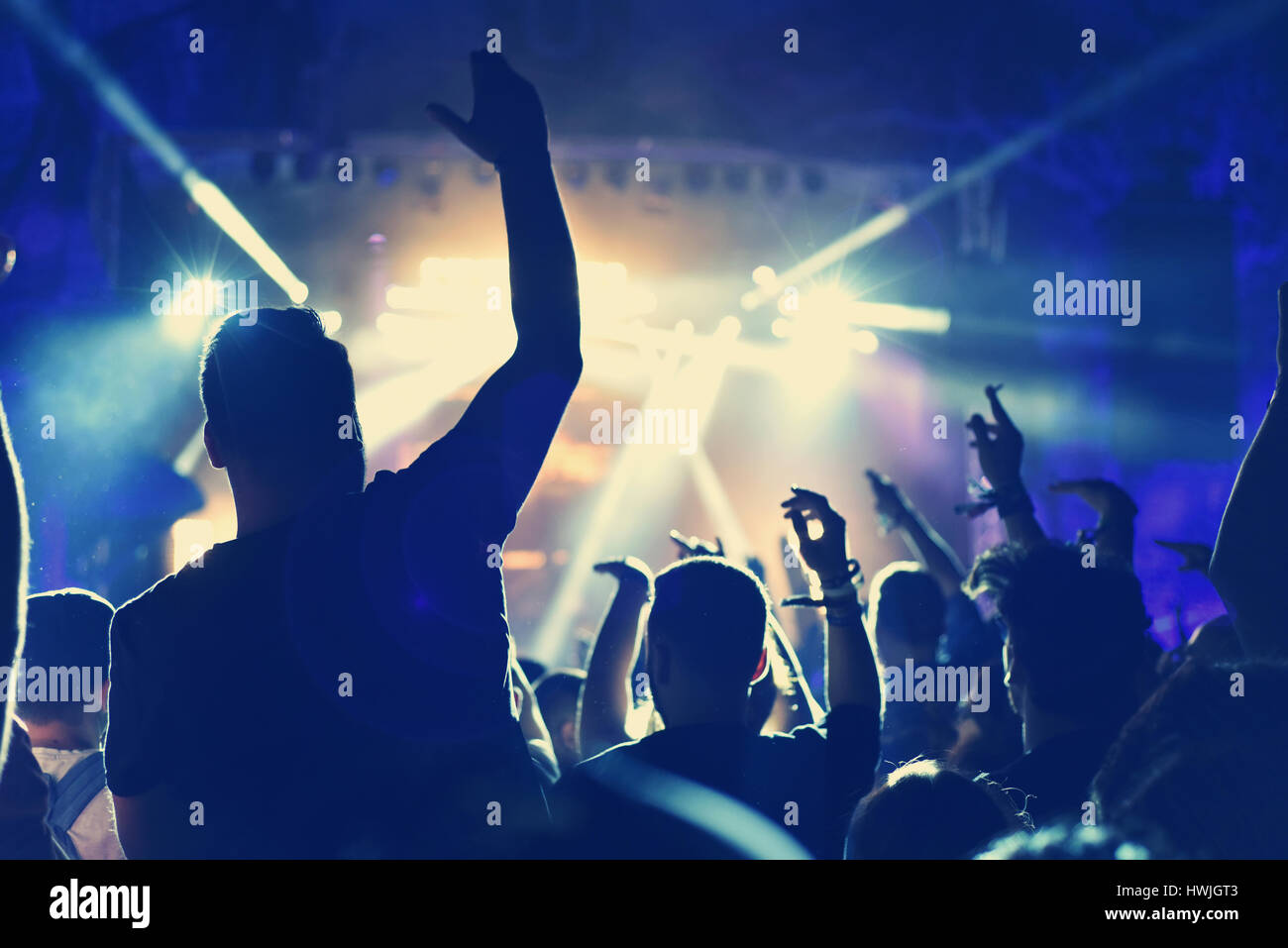 Rear view of crowd with arms outstretched at concert Stock Photo - Alamy
