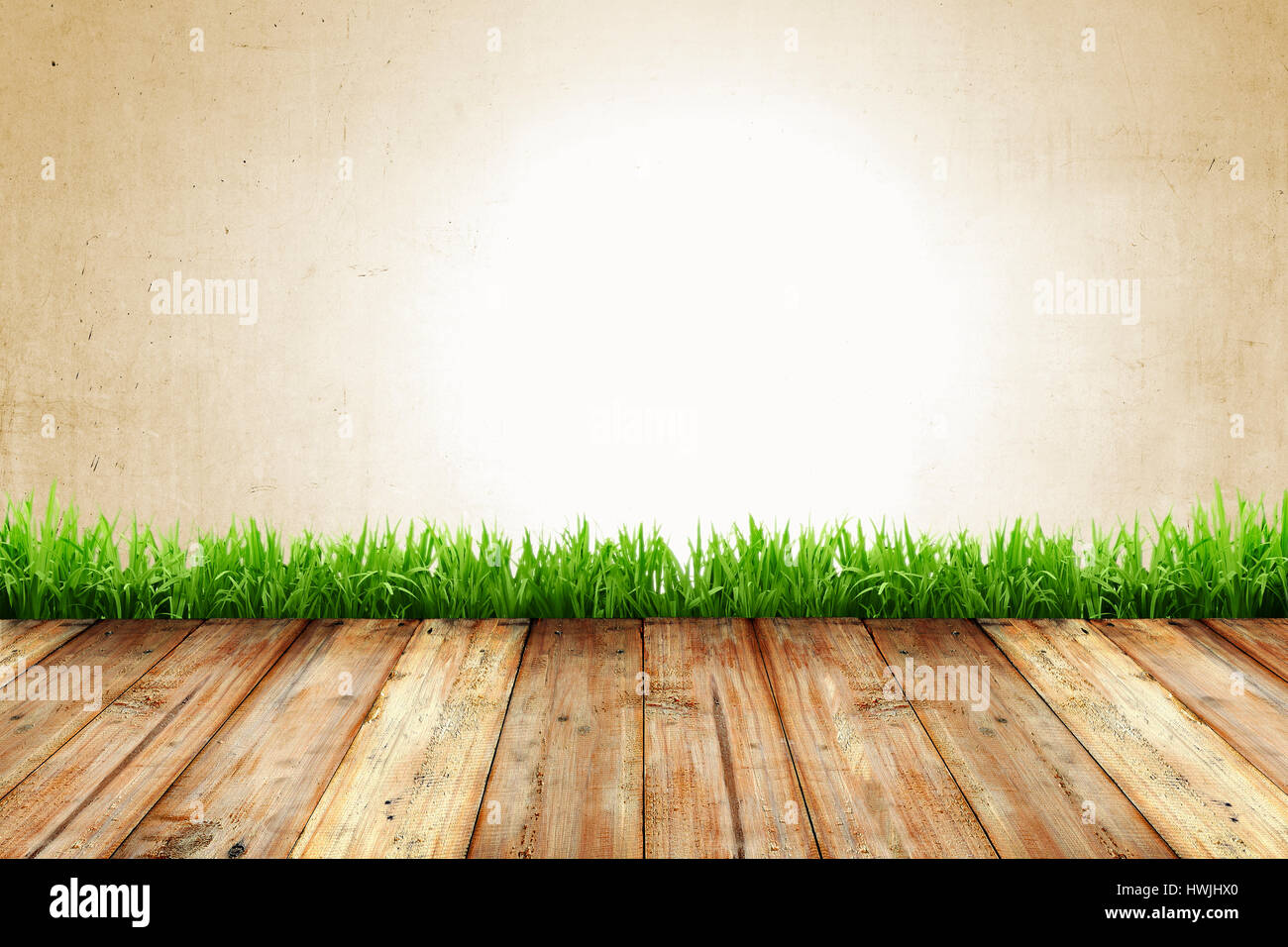 Old wall and wooden floor with grass background Stock Photo - Alamy