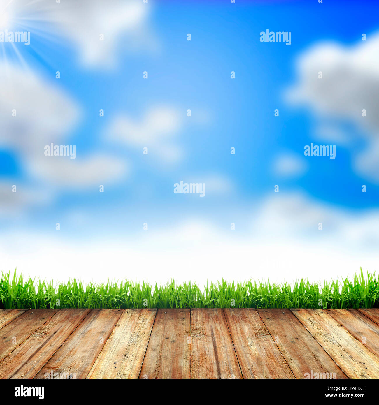 Wooden floor with green grass and blue sky background Stock Photo - Alamy
