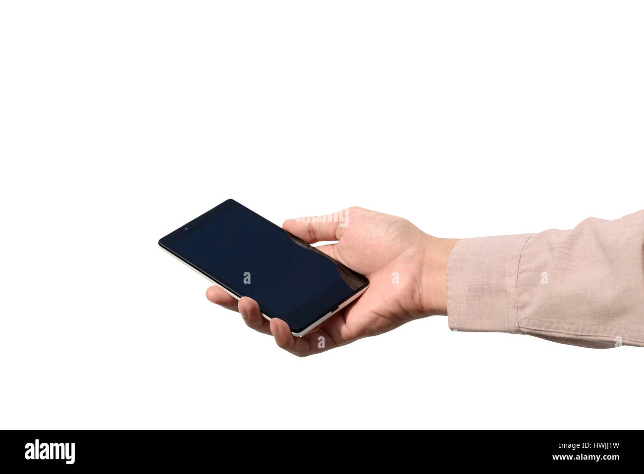 Hand holding cellphone with blank screen isolated over white background ...