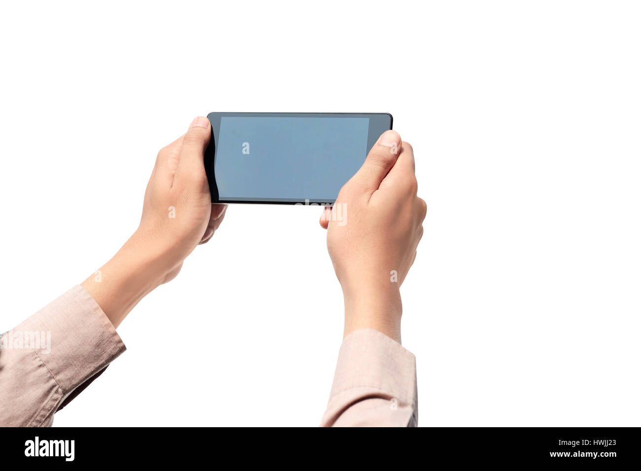Hand holding cellphone with blank screen isolated over white background ...