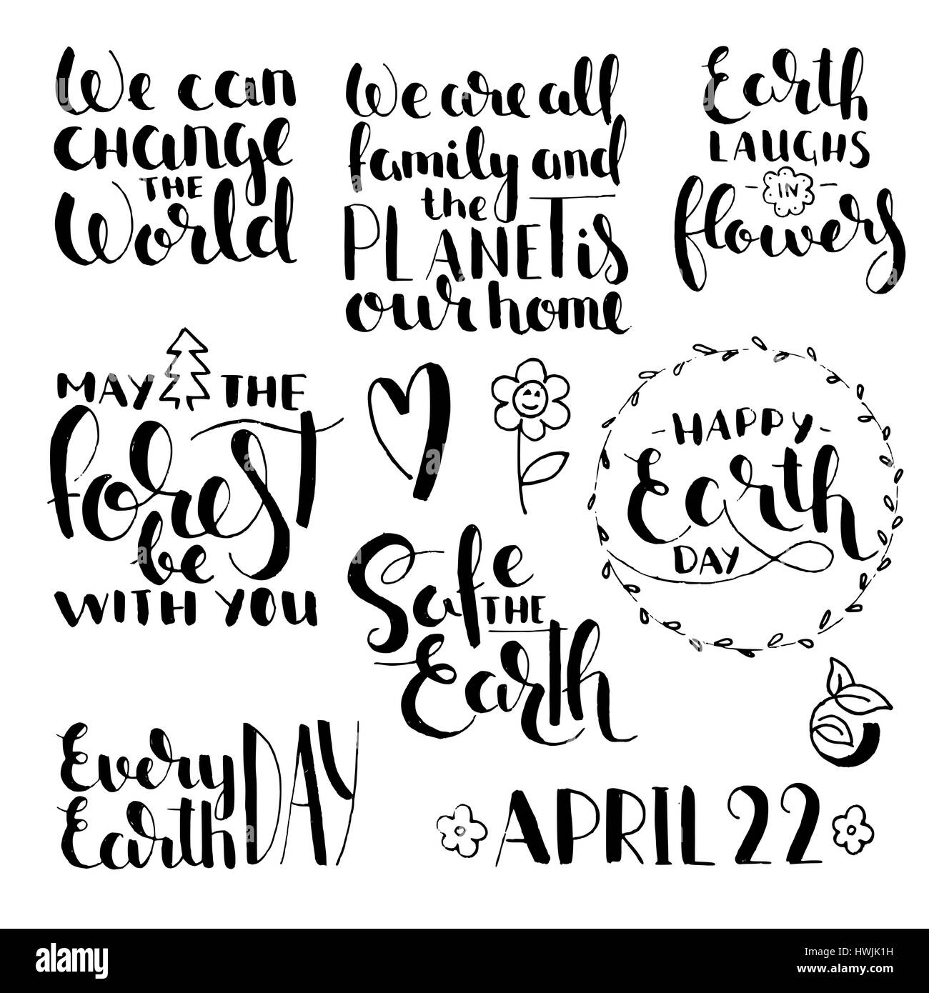 Phrases about Earth Day. Handwritten lettering set. Modern vector hand drawn calligraphy isolated on white background for your design Stock Vector