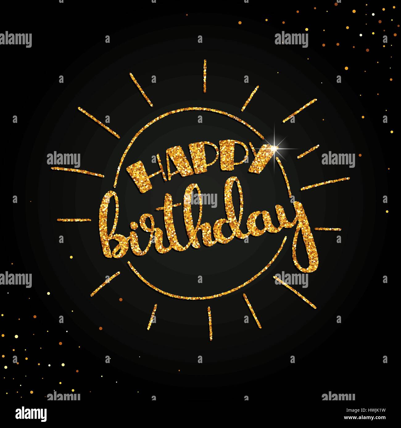 Happy Birthday golden handwritten lettering. Modern vector hand drawn calligraphy with sun made of abstract spangles over black background Stock Vector