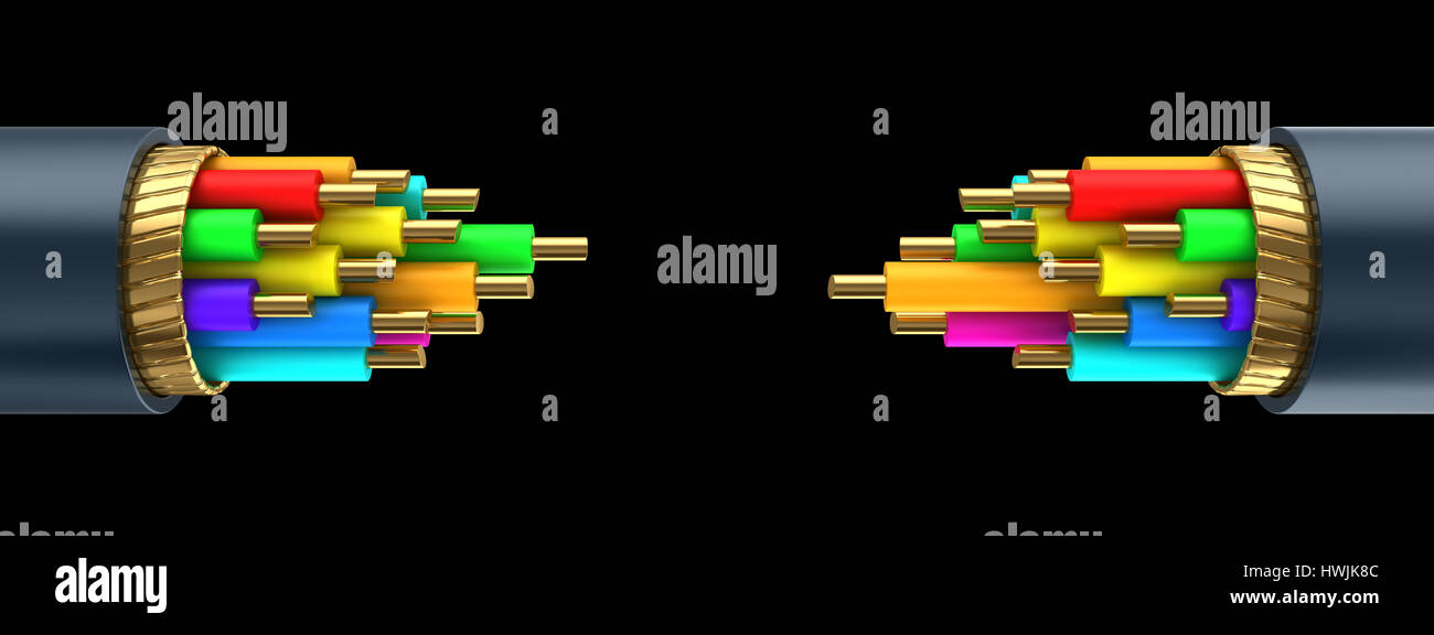 3d illustration of breaked data cable over black background Stock Photo