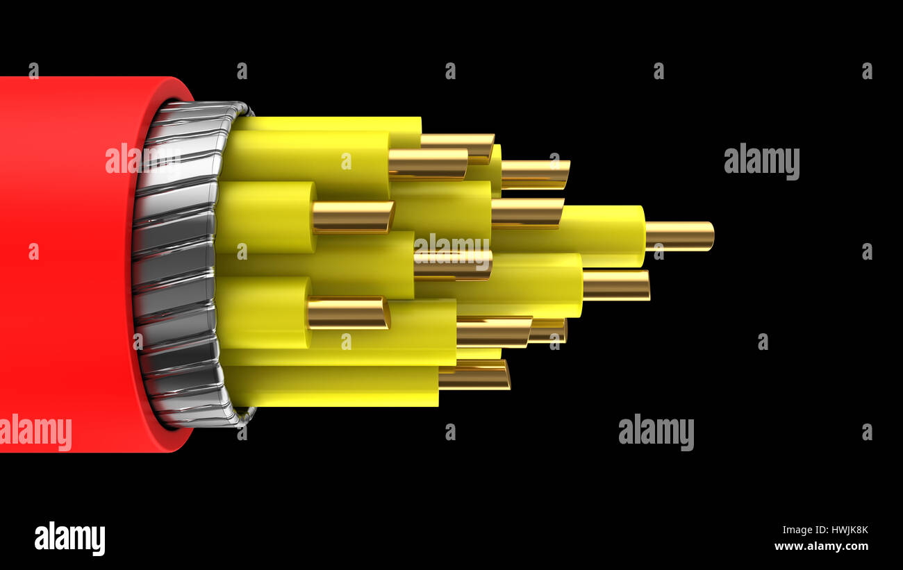 3d illustration of red and yellow color cable over black background Stock Photo