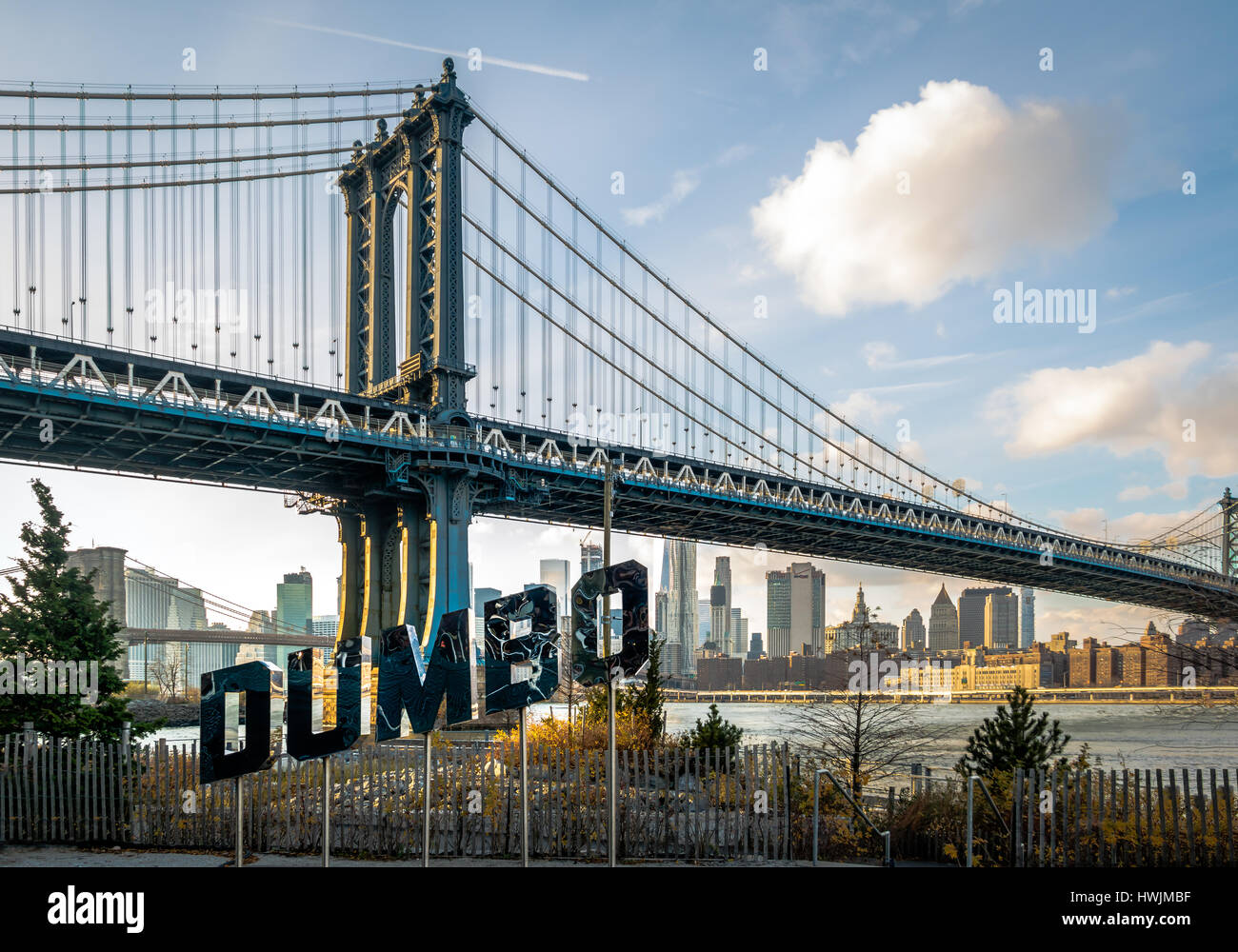 Manhattan Bridge and DUMBO sign - New York, USA Stock Photo