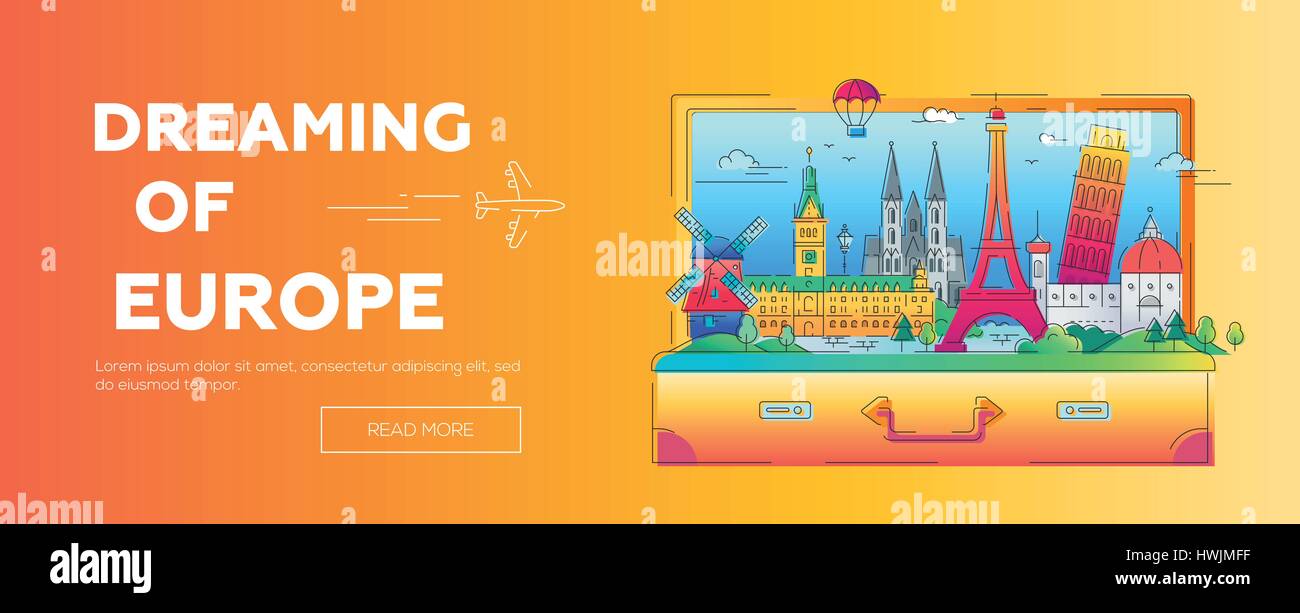 Dreaming of Europe - flat design web banner with landmarks Stock Vector