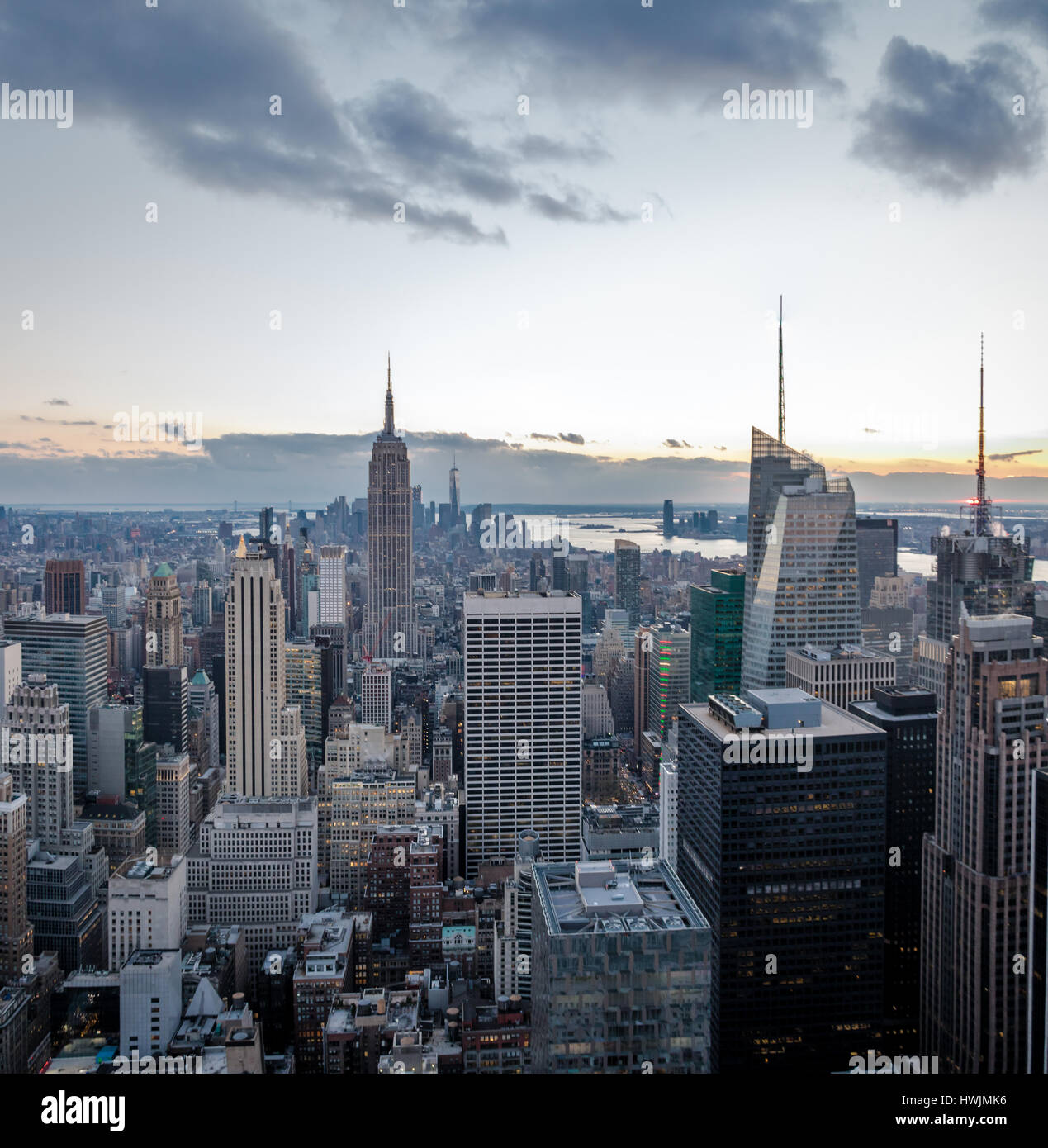 Aerial view of Manhattan Skyline at sunset - New York, USA Stock Photo