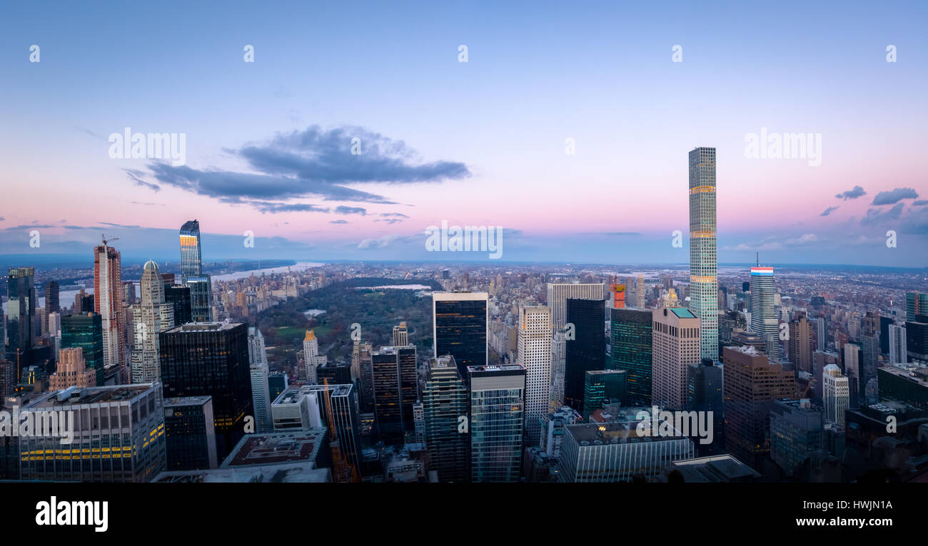 Panoramic aerial view of Manhattan and Central Park at sunset - New York, USA Stock Photo