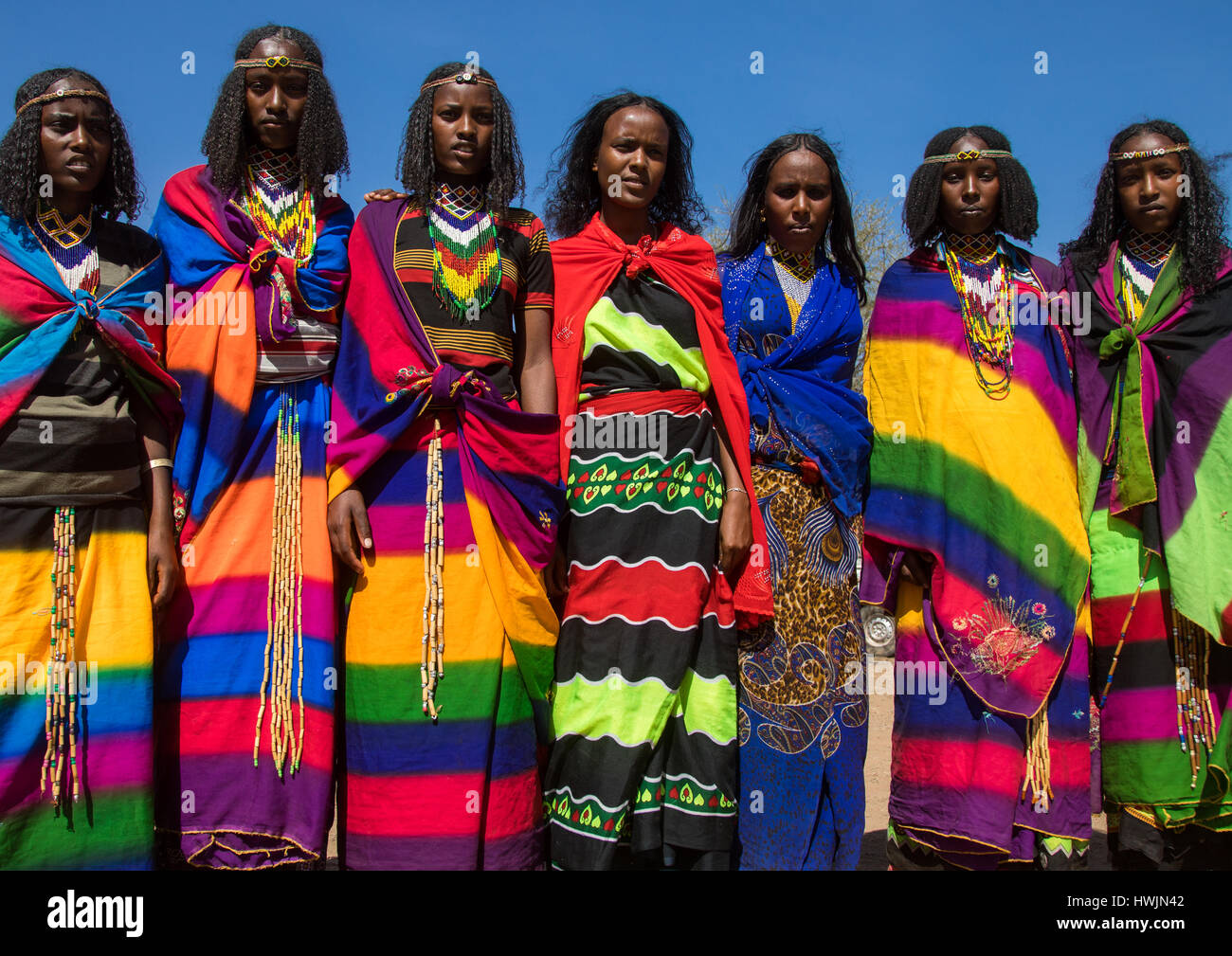 Borana tribe virgin girls during the Gada system ceremony, Oromia, Yabelo, Ethiopia Stock Photo