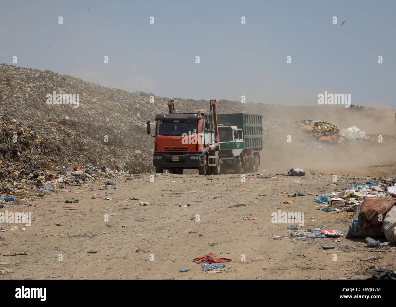 Trucks in Koshe rubbish dump, Addis Ababa region, Addis Ababa, Ethiopia
