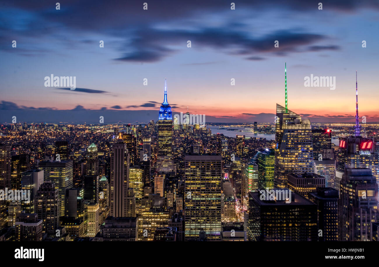 Aerial view of Manhattan Skyline at sunset - New York, USA Stock Photo ...