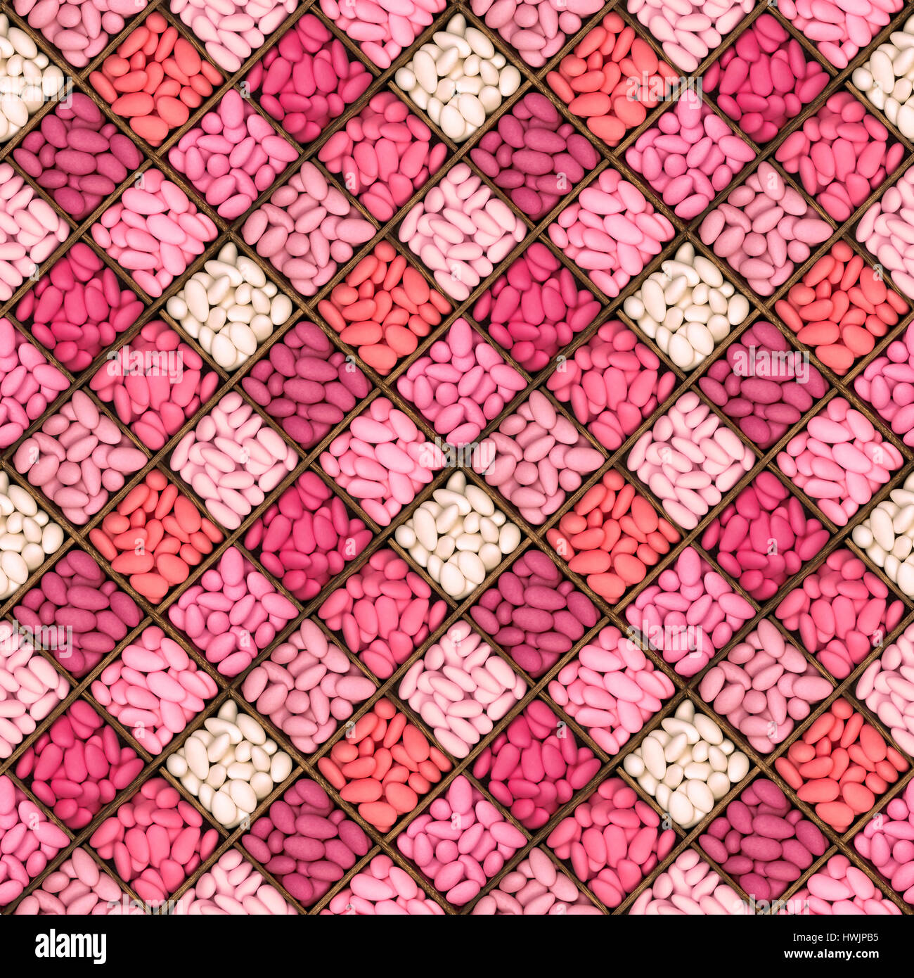 A seamless pattern of a square wooden storage box with nine compartments, filled with a selection of sugared almonds in shades of pink. These bitter s Stock Photo