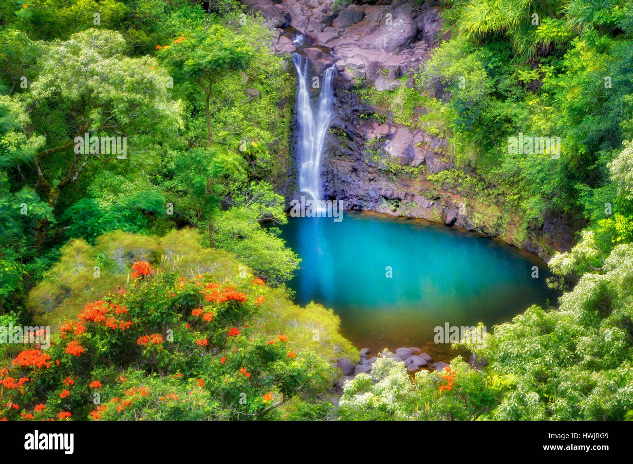 Puohokamoa Falls & pool. Garden of Eden Botanical Gardens. Maui, HI Stock Photo