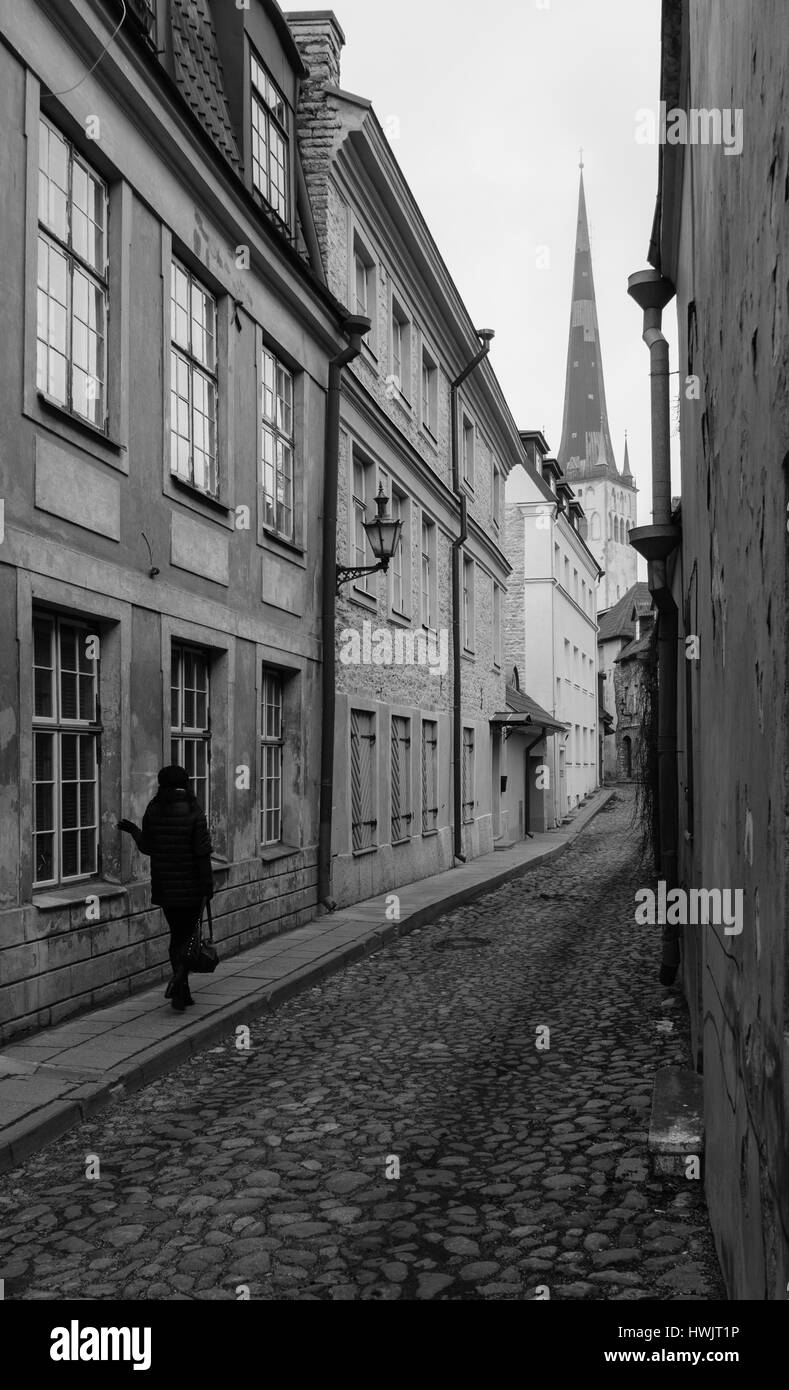 Street in the Tallinn Old city, Estonia Black and White Stock Photo