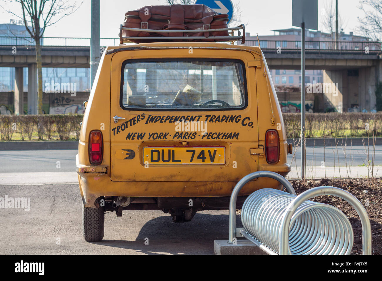 ZAGREB, CROATIA - MARCH 07, 2015: Trotters Independent Traders reliant regal as used in Only Fools and Horses. Only Fools and Horses is a British tele Stock Photo
