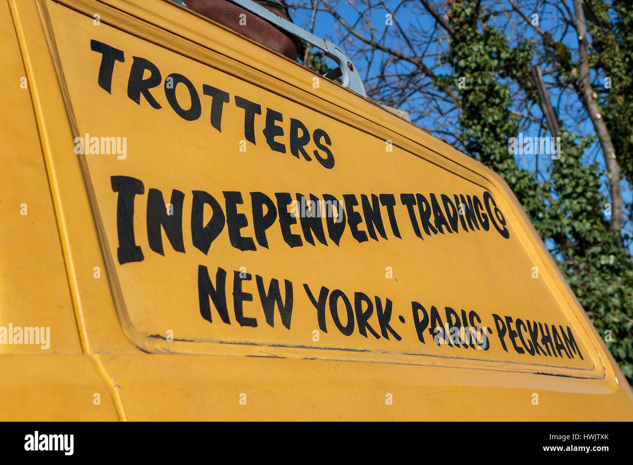 ZAGREB, CROATIA - MARCH 07, 2015: Trotters Independent Traders sign on reliant regal as used in Only Fools and Horses. Only Fools and Horses is a Brit Stock Photo