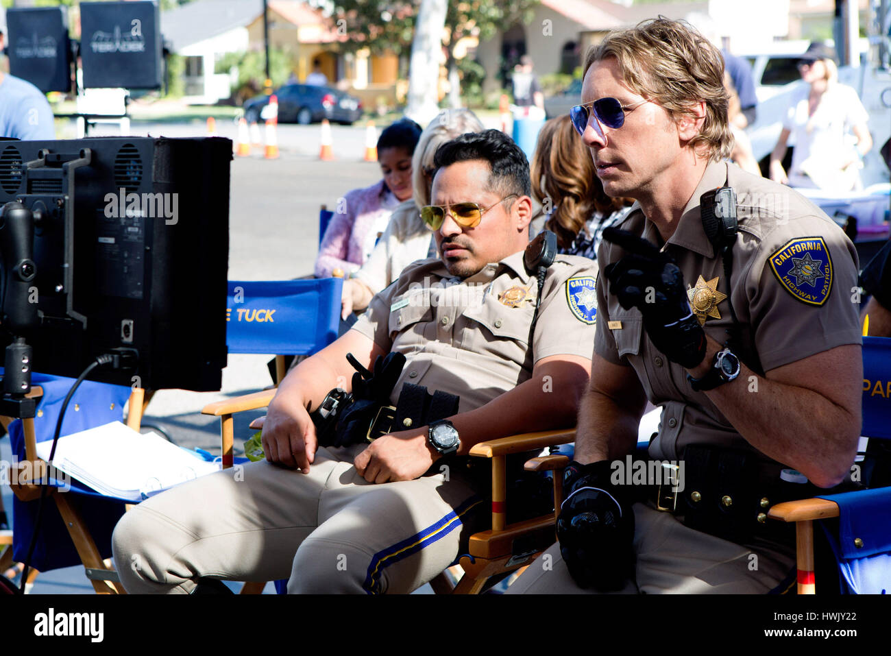 CHIPS, from left Michael Pena, director Dax Shepard, on set, 2017. ph