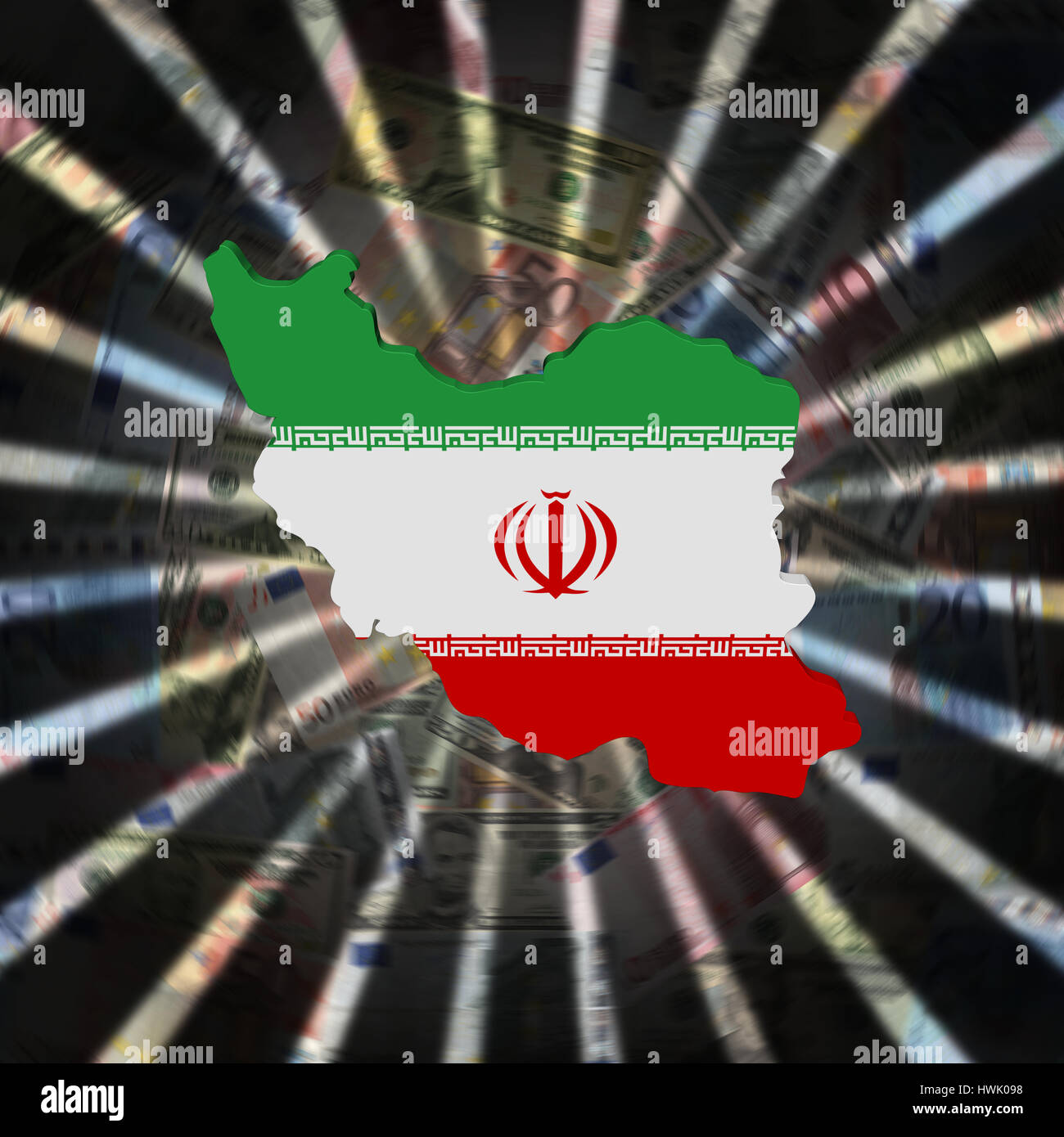 Iran map flag on currency burst illustration Stock Photo