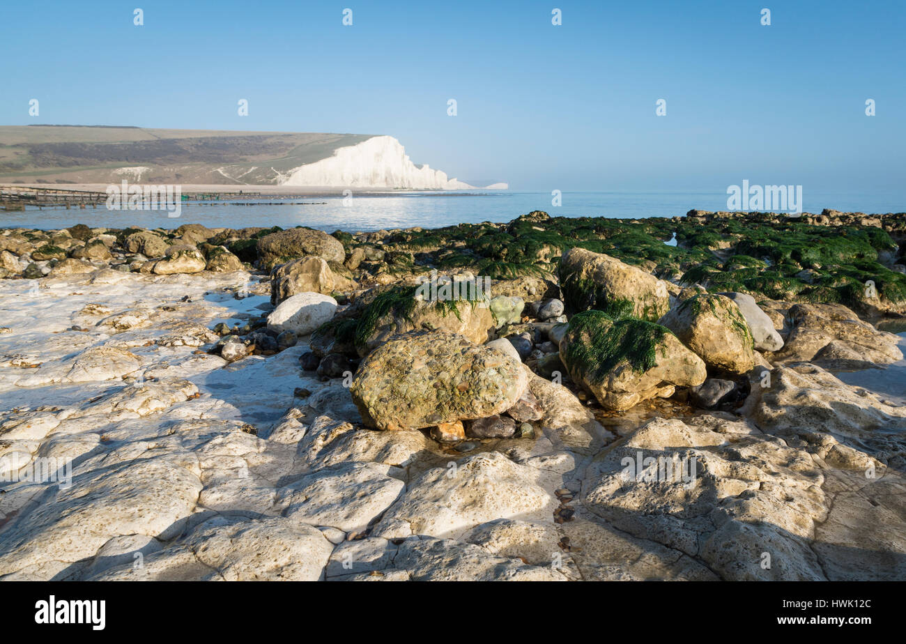 View of Seven Sisters Country Park cliffs taken from Seaford Head beach, East Sussex, UK Stock Photo
