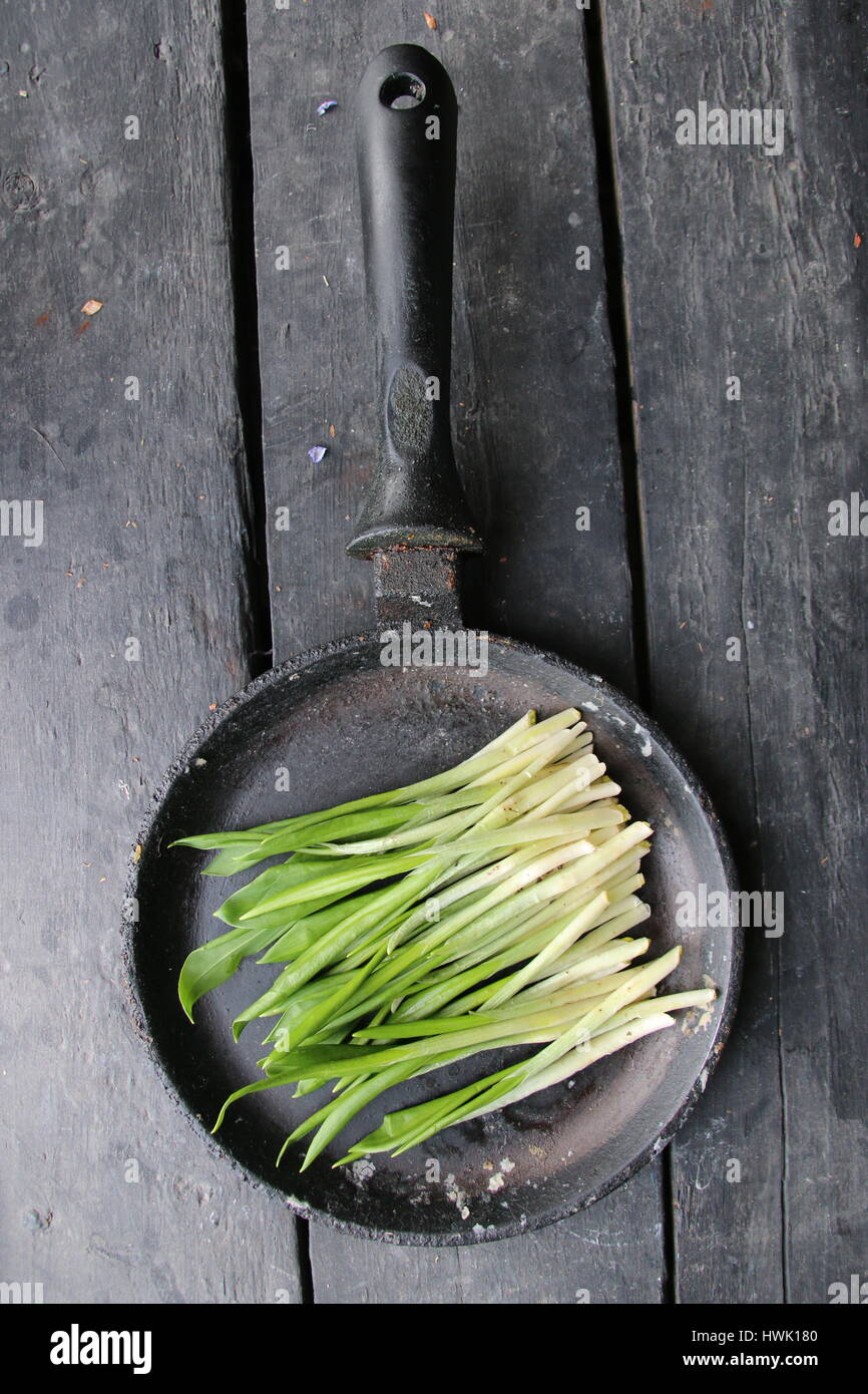 Healthy eating, dieting, vegetarian kitchen and cooking concept. Ramson or wild garlic. Stock Photo
