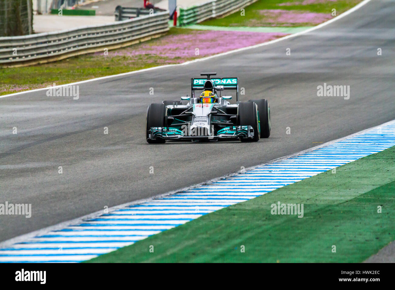 JEREZ DE LA FRONTERA, SPAIN - JAN 31:  Lewis Hamilton of Mercedes F1 races on training session on January 31 , 2014, in Jerez de la Frontera , Spain Stock Photo