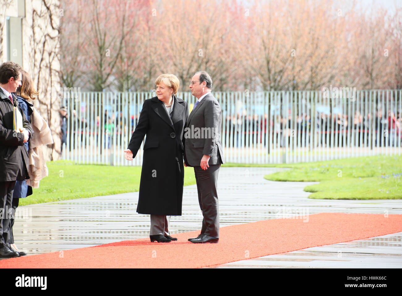 Berlin, Germany, March 31st, 2015: 17th French German minister consultation meetig with President Hollande and Chancellor Merkel. Stock Photo