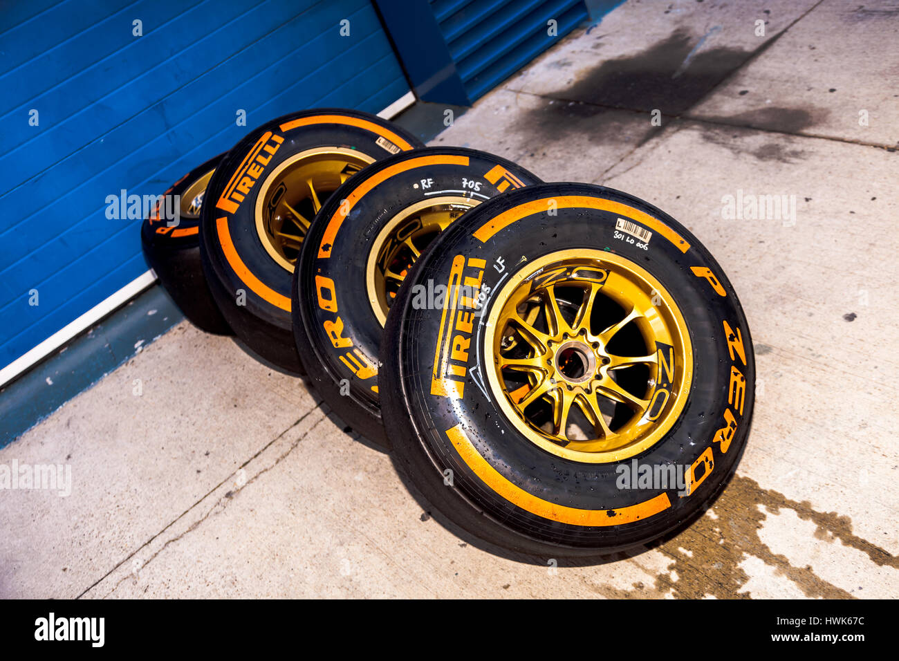 JEREZ DE LA FRONTERA, SPAIN - FEB 08: Exposition of the several pneumatic tires Pirelli after be used on a test session on February 08 , 2013, in Jere Stock Photo