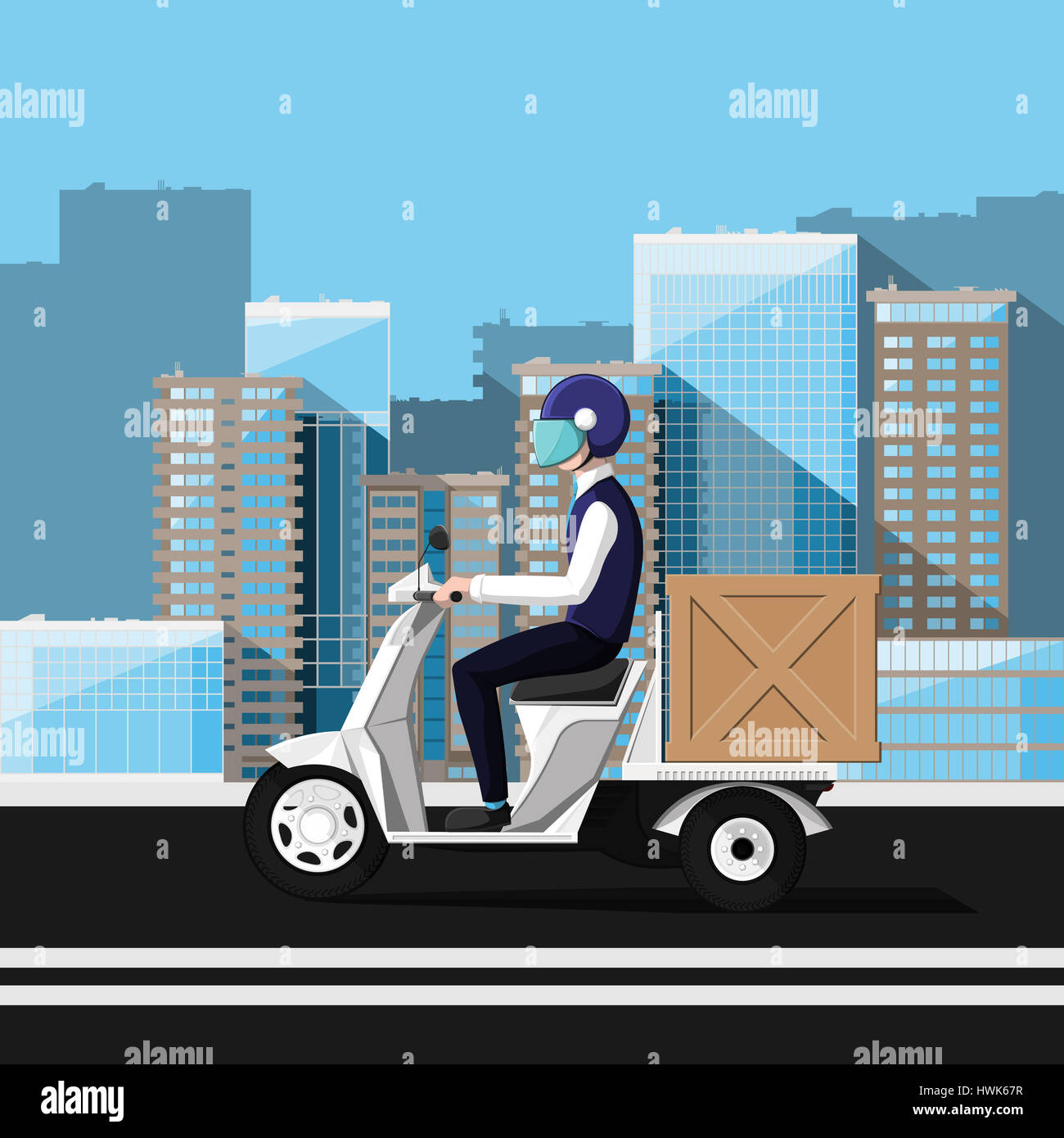 Deliveryman rides on a motor scooter with delivery box against background of the cityscape. Flat design illustration. Stock Photo