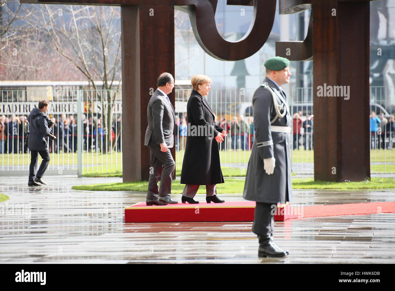 Berlin, Germany, March 31st, 2015: 17th French German minister consultation meetig with President Hollande and Chancellor Merkel. Stock Photo