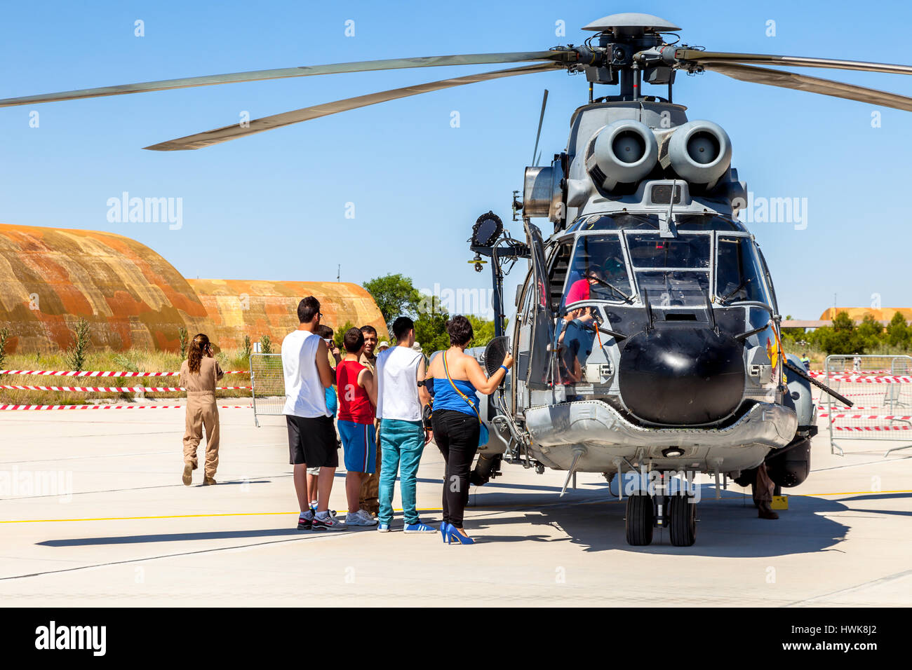 ALBACETE, SPAIN-JUN 23:  Helicopter Eurocopter AS332 Super Puma taking part in a static exhibition on the open day of the airbase of Los Llanos on Jun Stock Photo