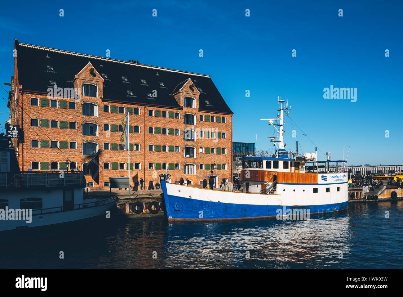 COPENHAGEN, DENMARK - MARCH 11, 2017: Copenhagen Denmark typical architecture. Picture is depicting 71 Nyhavn Hotel housed in a 200-year-old canalside Stock Photo