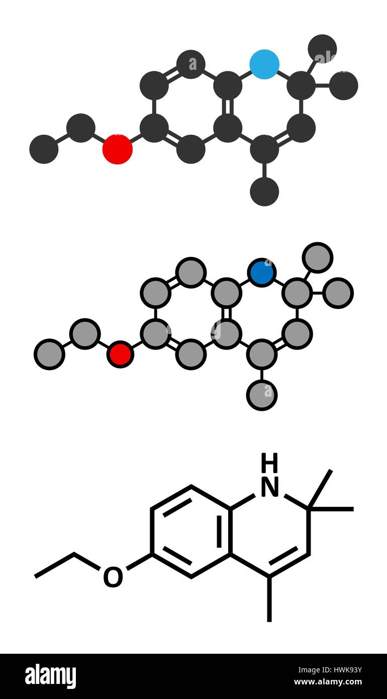 Ethoxyquin antioxidant food preservative molecule. Stylized 2D