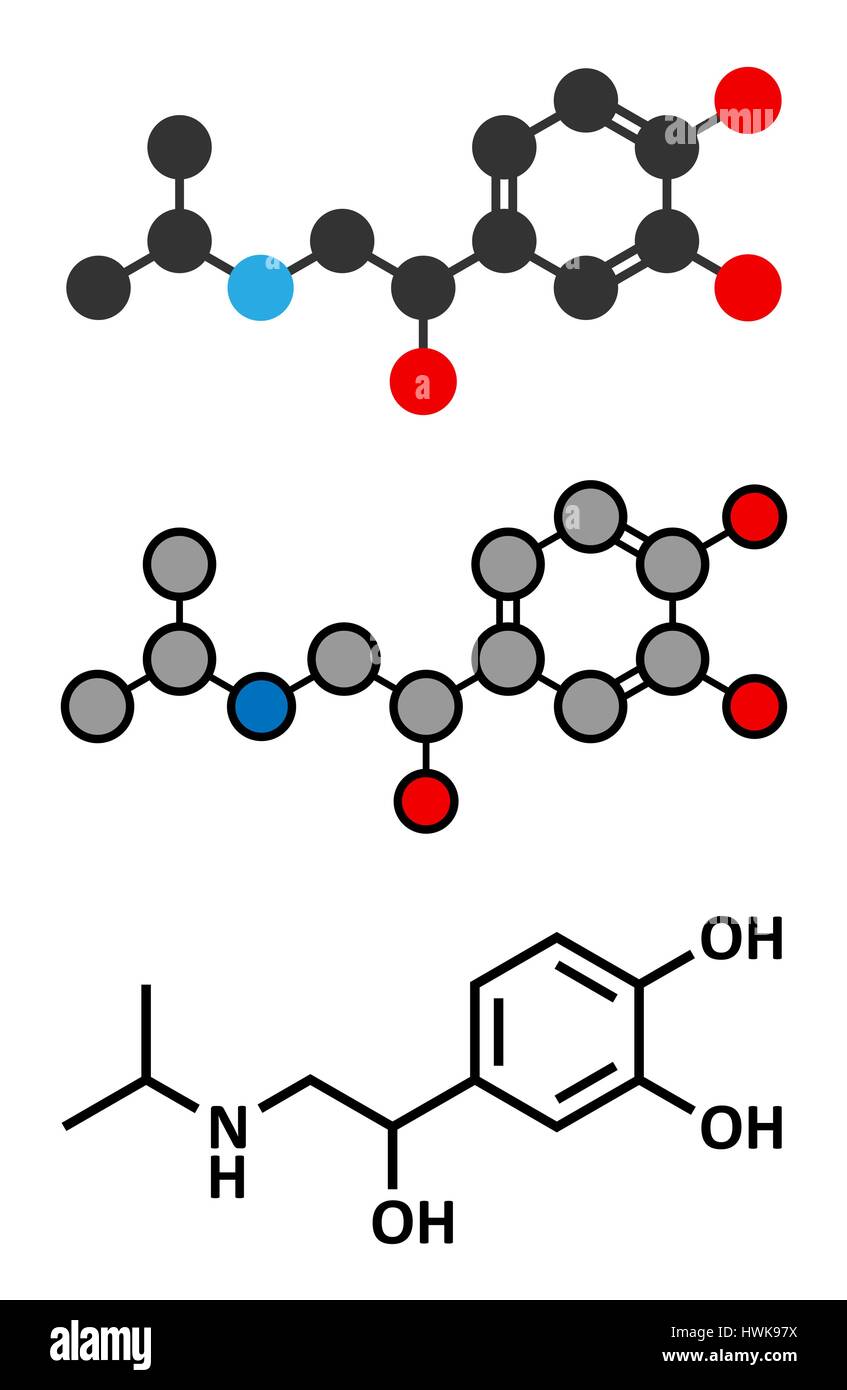 Isoprenaline (isoproterenol) drug molecule. Stylized 2D renderings and conventional skeletal formula. Used in treatment of bradycardia, heart block an Stock Vector