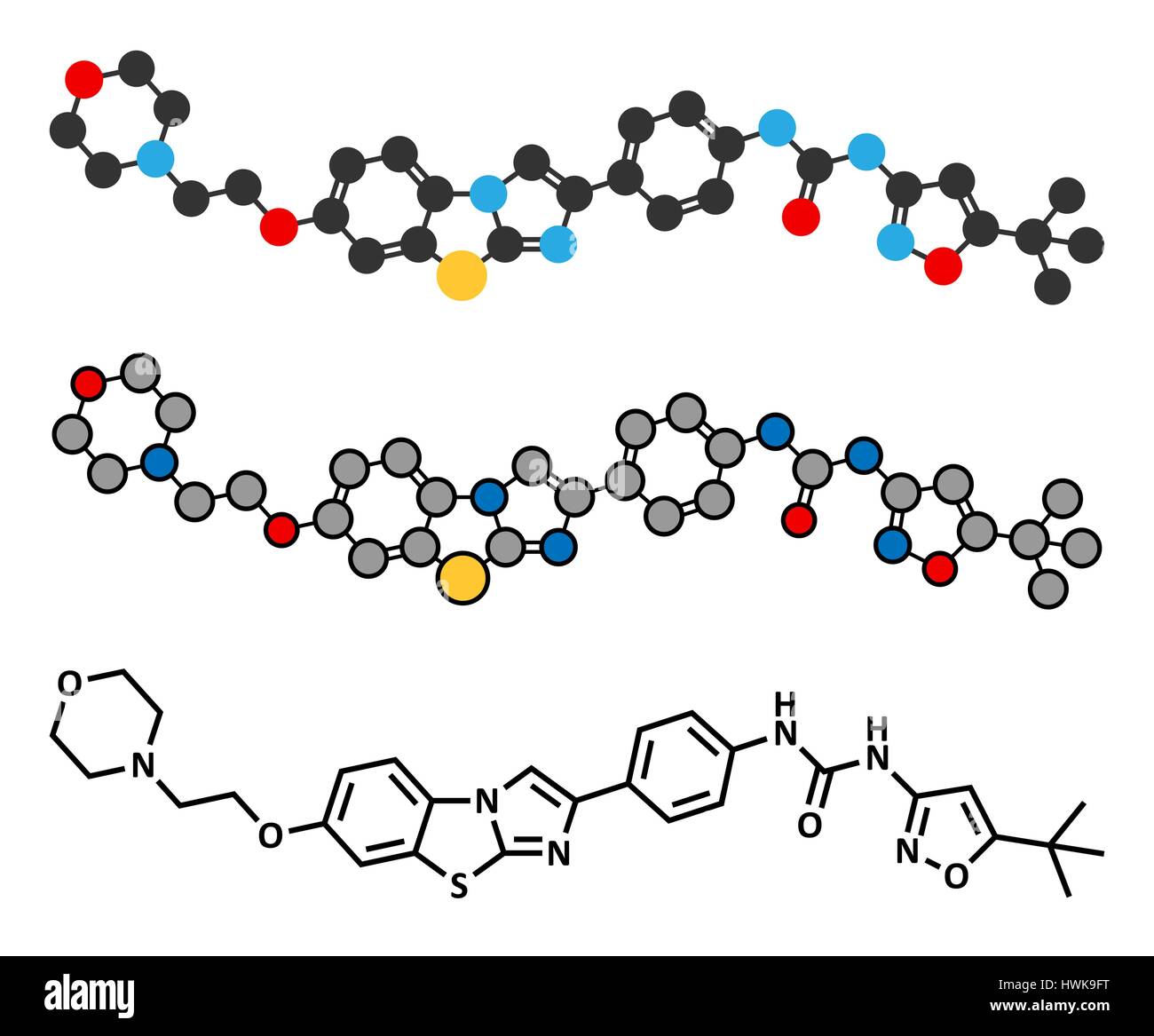 Quizartinib cancer drug molecule (kinase inhibitor). Stylized 2D renderings and conventional skeletal formula. Stock Vector