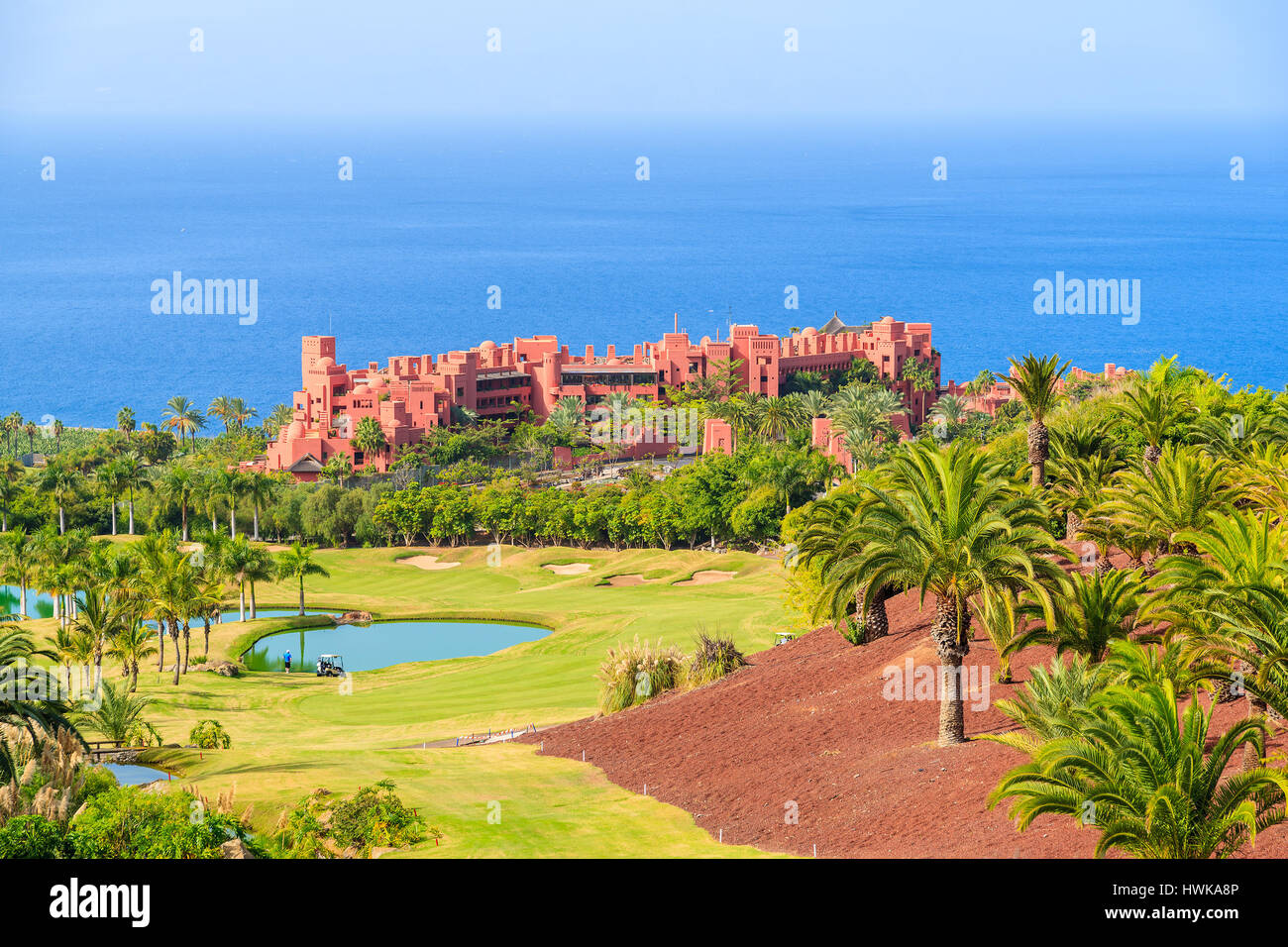 TENERIFE ISLAND, SPAIN - NOV 15, 2015: view of Abama hotel and its golf course in tropical landscape of Tenerife island near San Juan town, Spain. Stock Photo