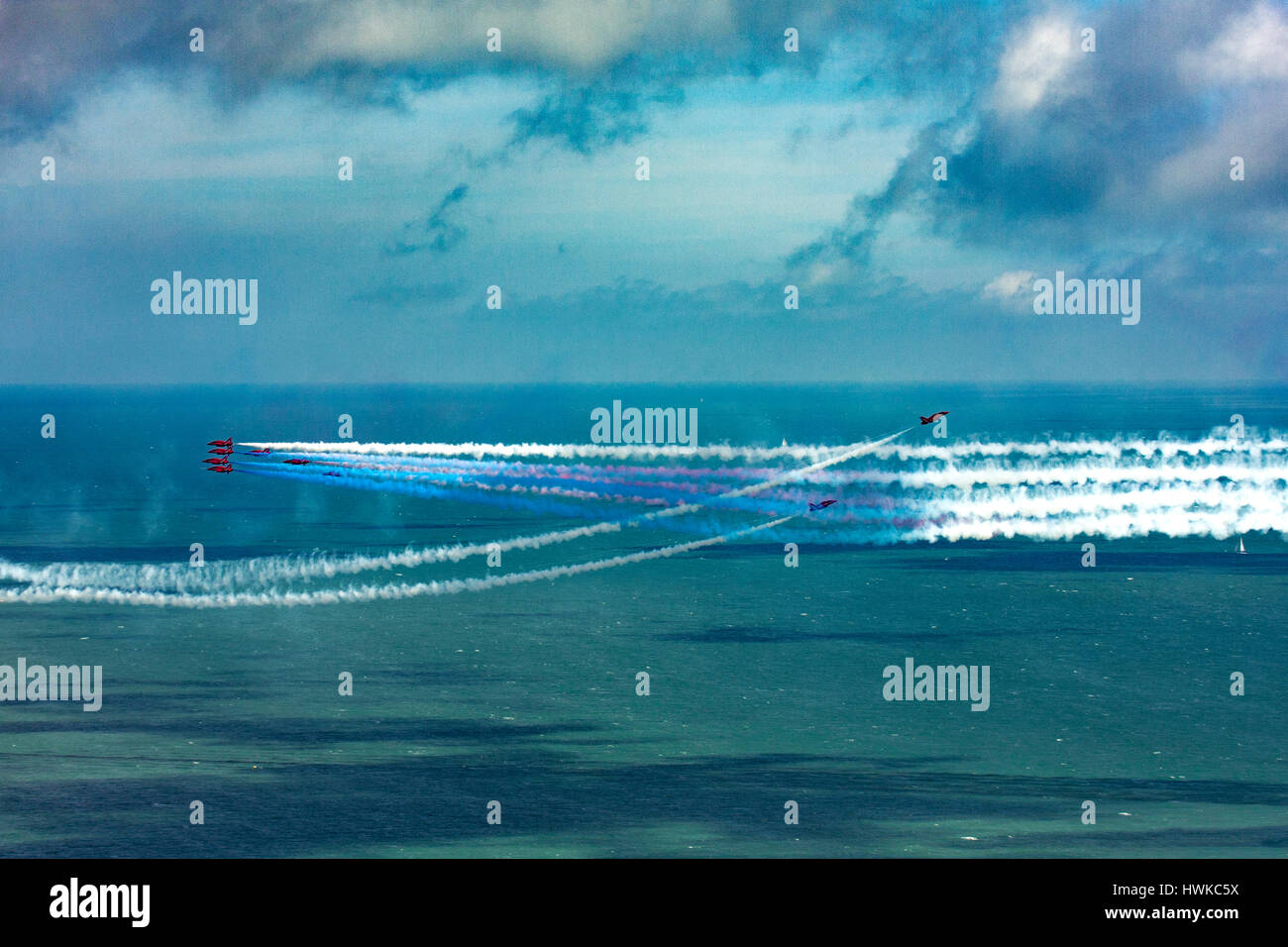 Royal Air Force Red Arrows performing display at Eastbourne Air Show 2015, East Sussex , UK Stock Photo