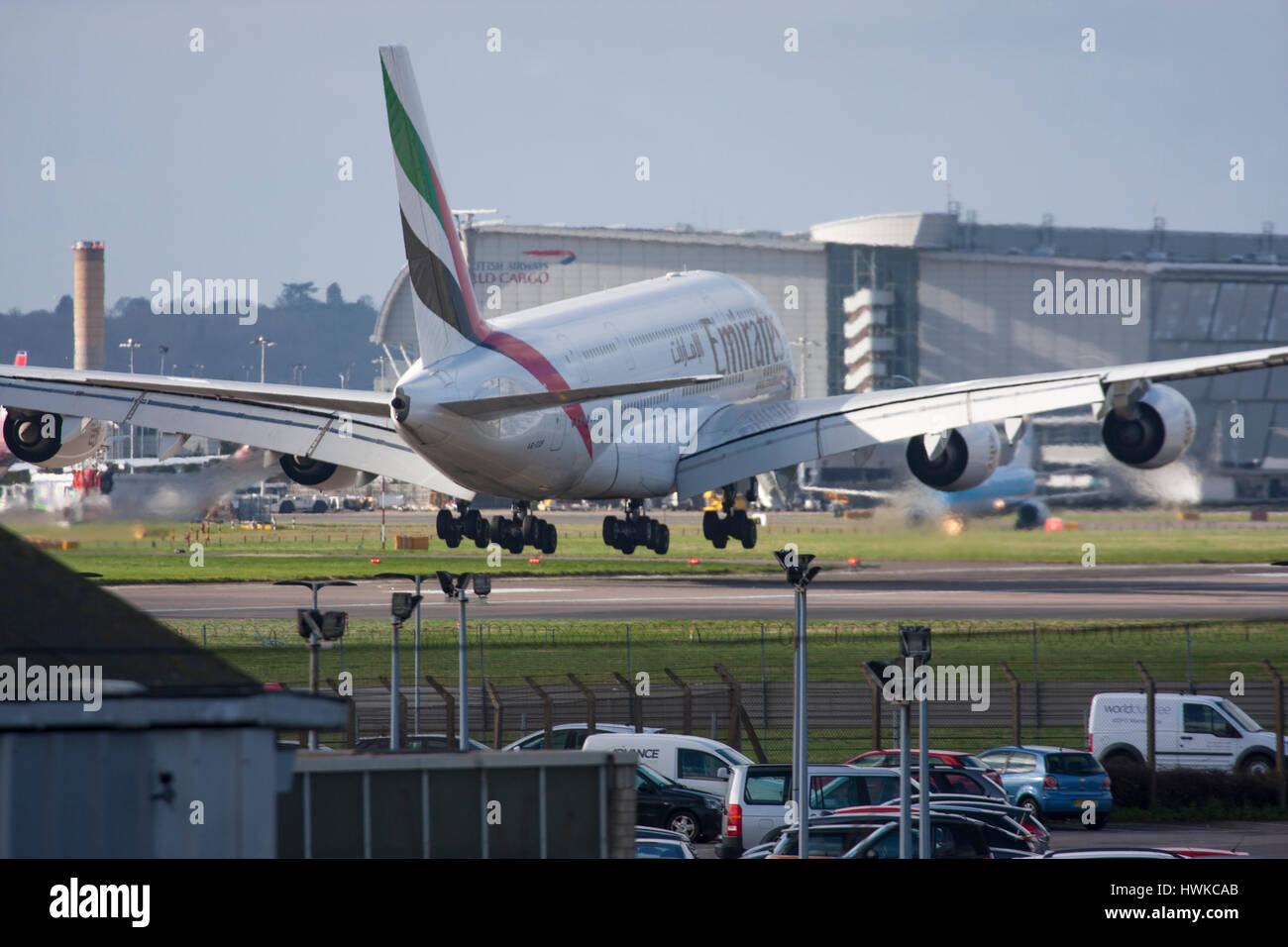 Emirates Airbus A380-861 landing at London Heathrow Airport, UK Stock Photo