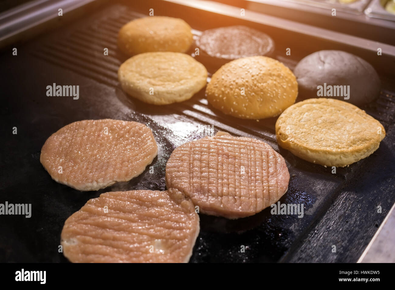 Pan with raw burger meat. Stock Photo