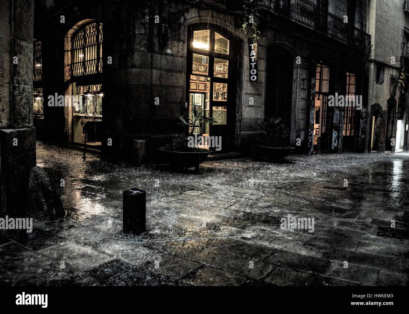 Rain in the street of Barcelona gothic quarter Stock Photo