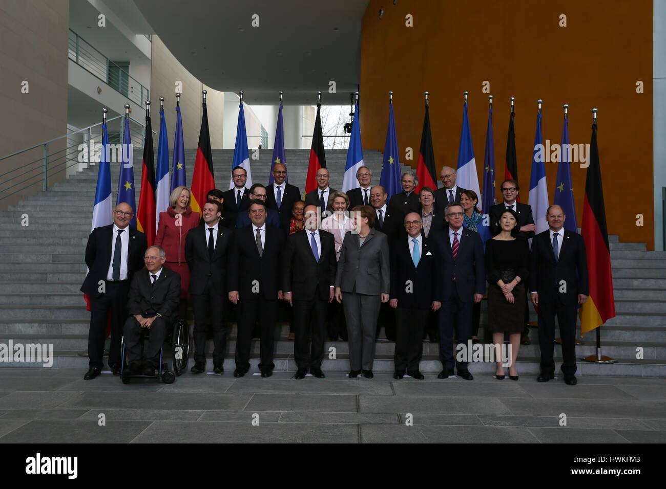 Berlin, Germany, March 31st, 2015: 17th French German minister consultation meetig with President Hollande and Chancellor Merkel. Stock Photo