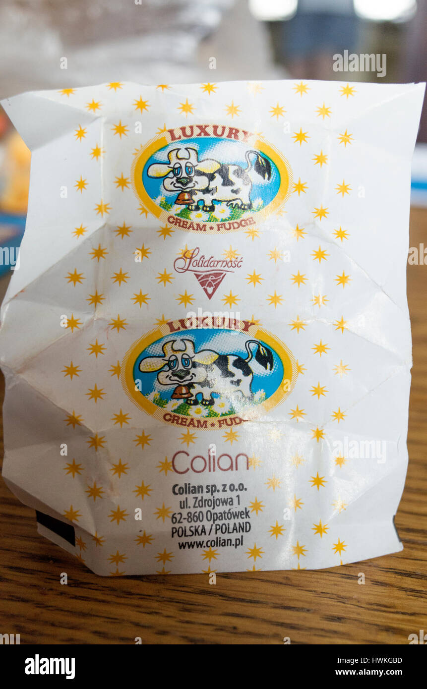 Polish Colian Luxury butter wrapper with a picture of a happy cow. Zawady  Central Poland Europe Stock Photo - Alamy