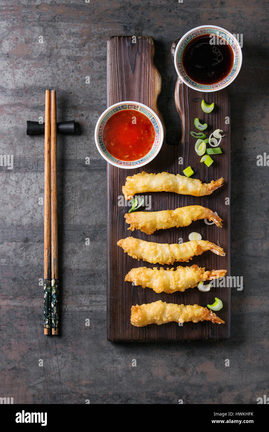 Fried tempura shrimps with sauces Stock Photo