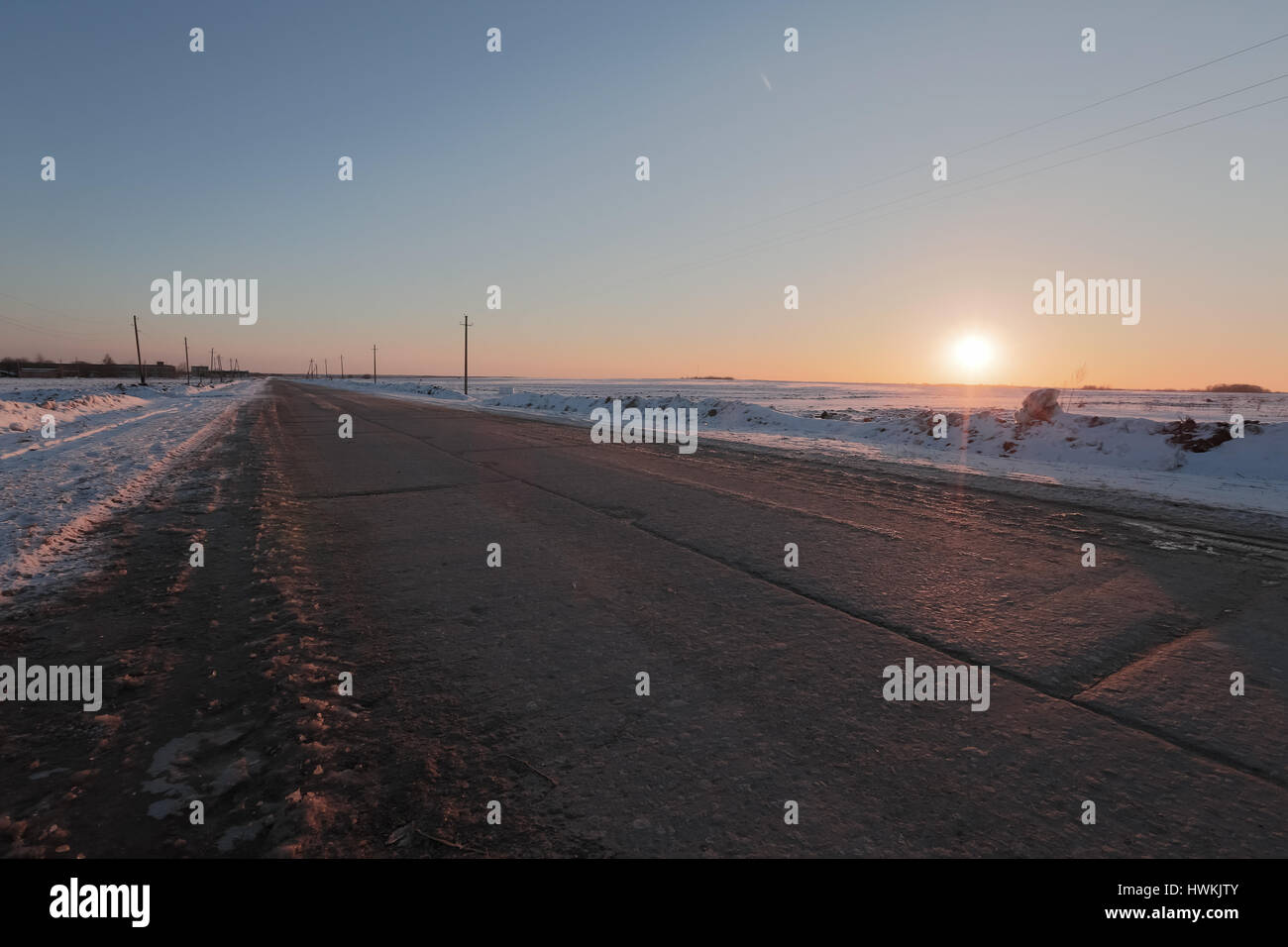 Russian road in the winter season. Stock Photo