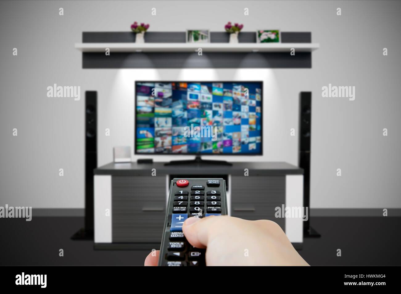 Television broadcast multimedia composition in room and remote control. Tv screen video broadcast internet concept Stock Photo