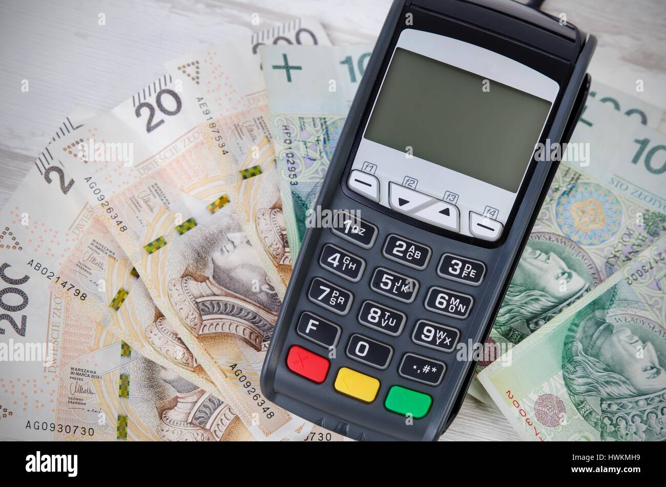 Credit card or cash concept top view. payment terminal credit cash polish zloty choice card concept Stock Photo