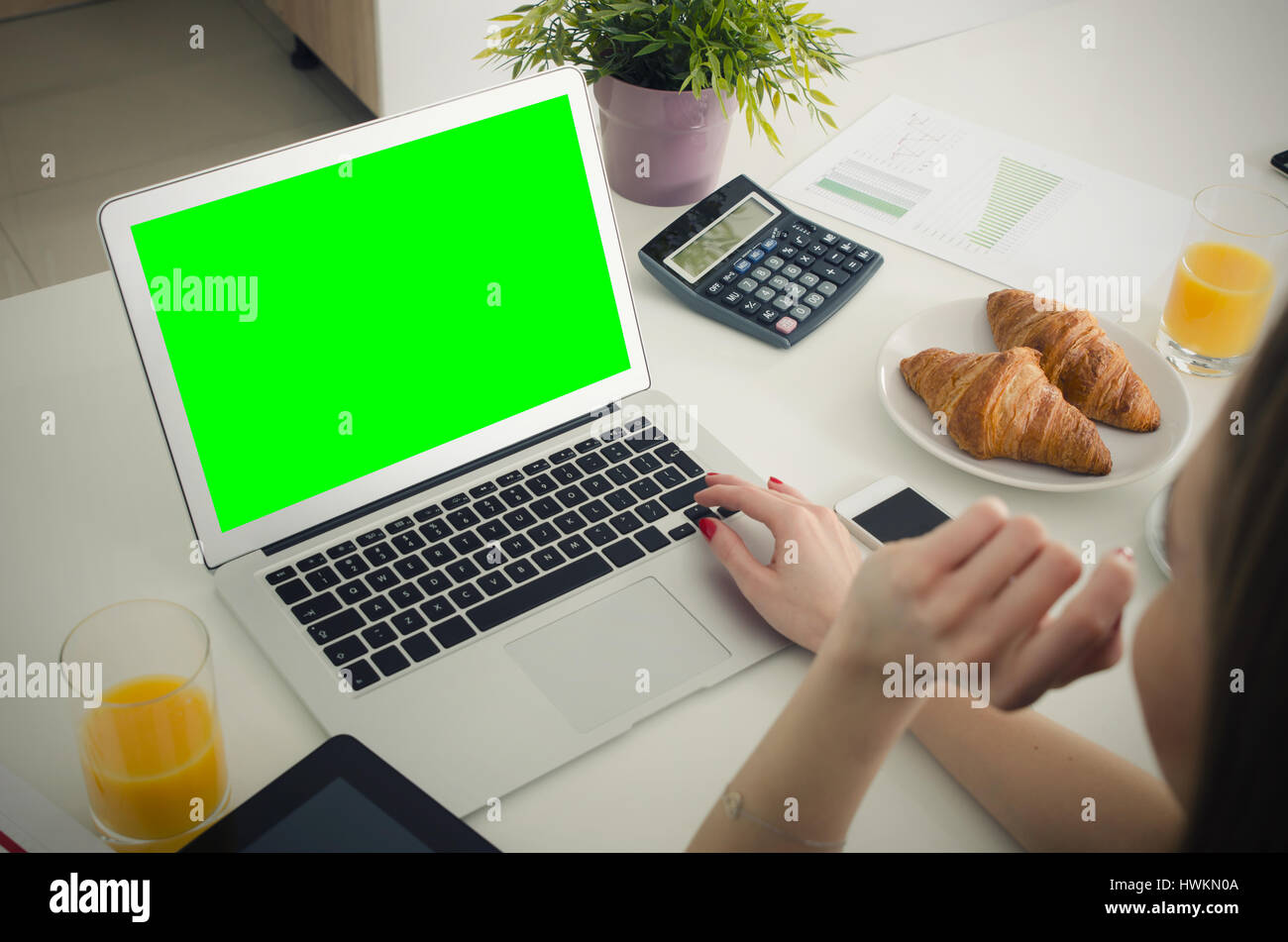 Woman using laptop in home. laptop work green blank display isolated website desk concept Stock Photo