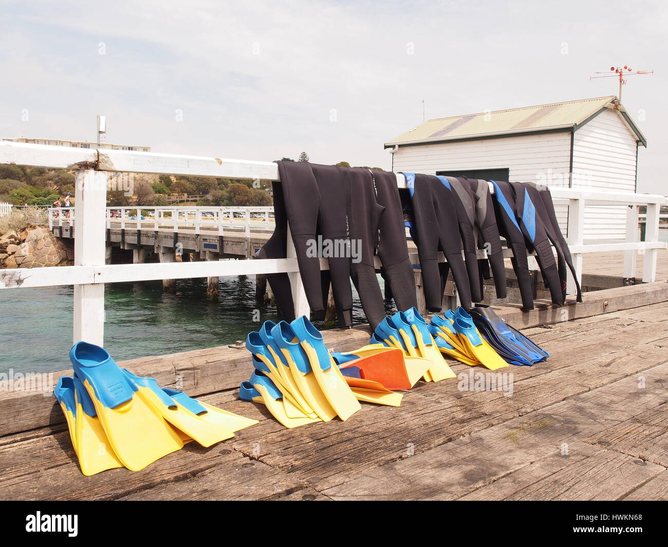 Scuba diving gear drying at a pier Stock Photo Alamy